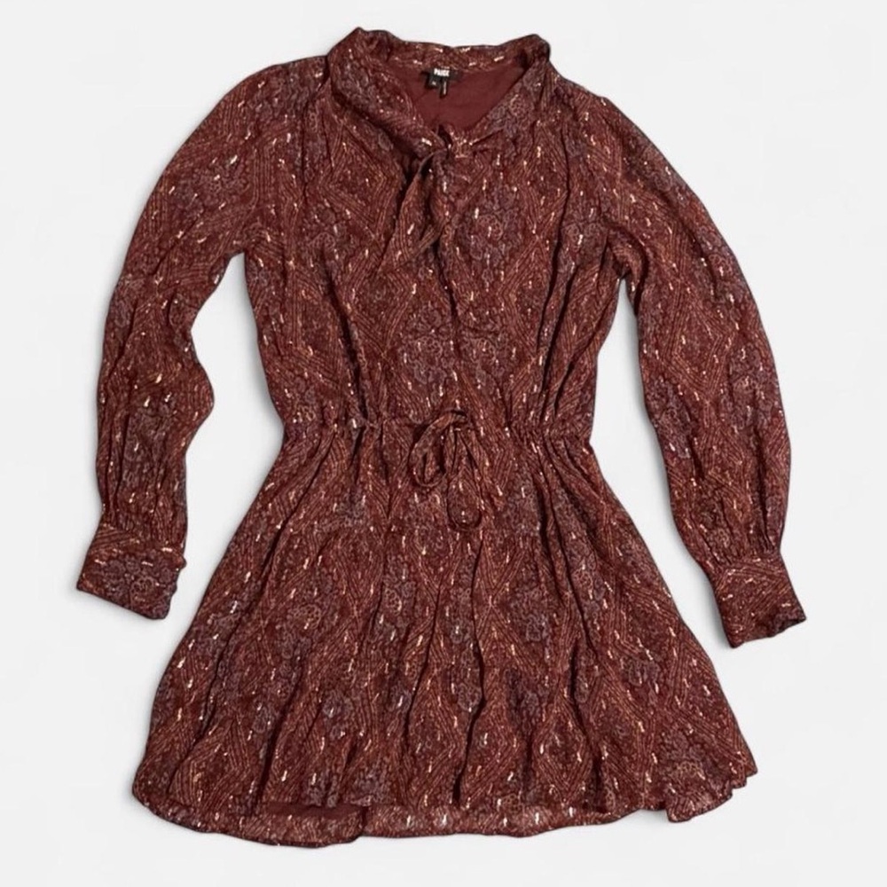 PAIGE Cleobelle Metallic Tie Neck Mini Dress Rust Lurex Threading